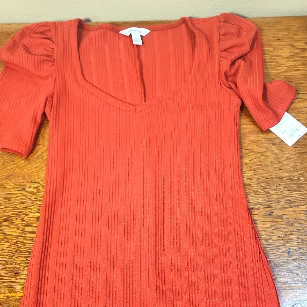 NWT Nine West Puff Short Sleeve Knit Midi Length Dress Ochre XS